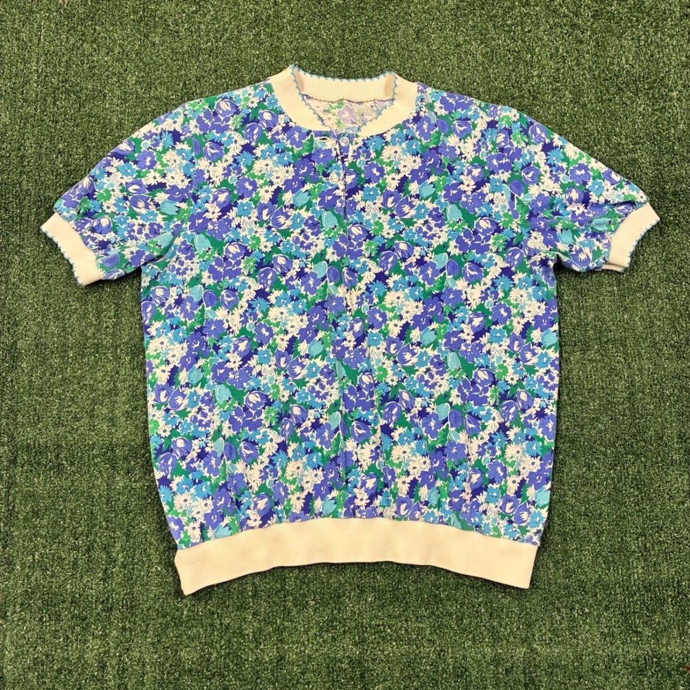 Vintage‎ Floral Knit Short Sleeve Henley Top Blue Green
